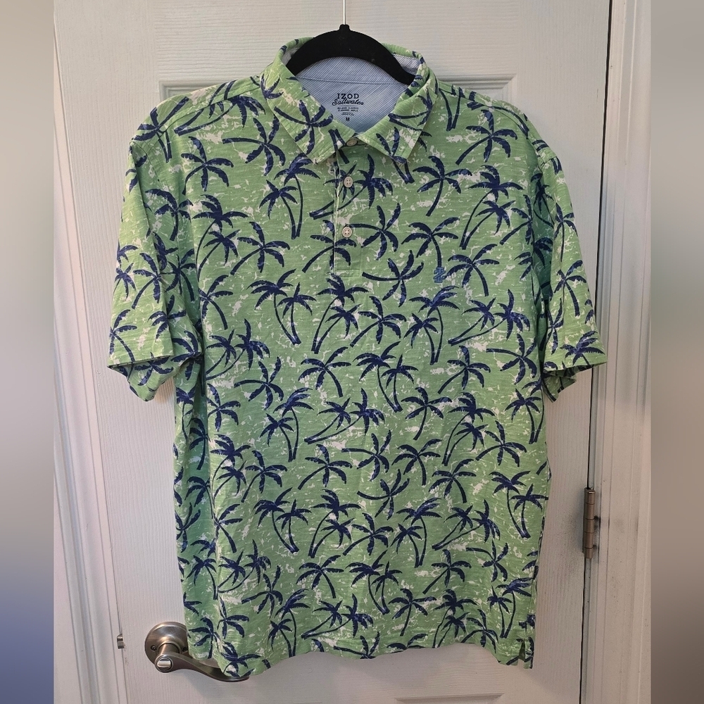 Izod Men's Polo Shirt with Green and Blue Palm Design, Cotton, Size M (310)